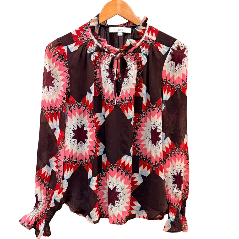 LOFT Blouse Womens Medium Burgundy Starburst Patchwork Ruffle Neck Smocked Cuff